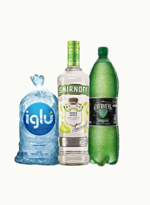 Vodka SMIRNOFF Apple Botella 700ml + EVERVESS 1.5L+HIELO IGLU 1.5KG SKU 15900399